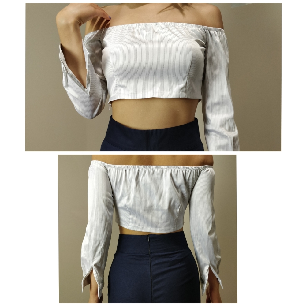 JANE.X pinstripe crop off shoulder top